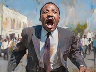 A powerful portrait of a man speaking with passion, surrounded by a crowd.