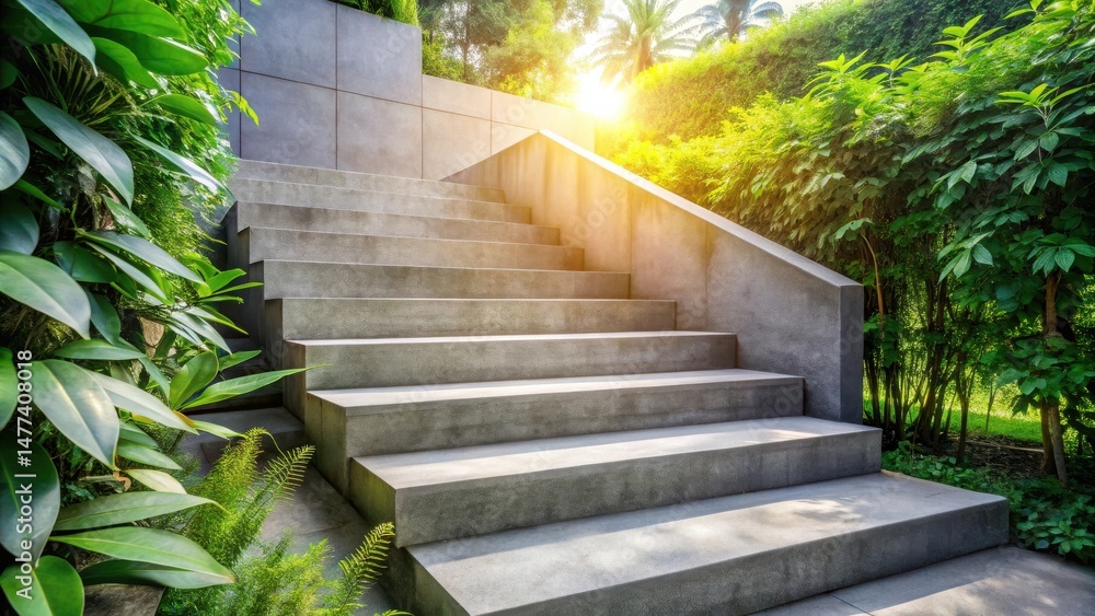 Poster serene stone steps ascending through lush greenery in a tranquil garden setting