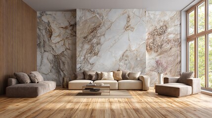 Modern living room interior with wooden floors, marble walls, and sofas, interior scene and mockup