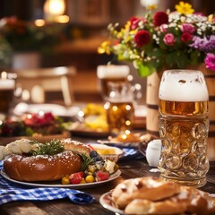 A pretzel and fruit salad on a table with a beer stein and other pastries.