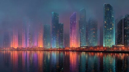 Fototapeta premium Futuristic buildings with holographic panels glowing brightly as night falls over a cyberpunk city 