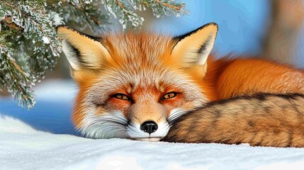 Fototapeta premium Close-up of a Relaxed Red Fox in Winter Snowy Landscape