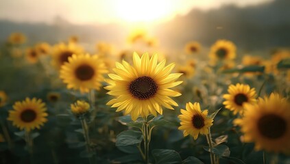 Obraz premium Sunflowers in bloom bask in warm sunlight in a peaceful field, creating a vibrant and lively summer scene.