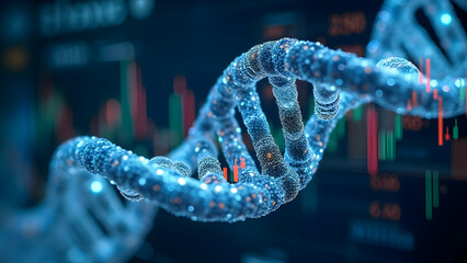 Crystalline DNA Double Helix Intertwined with 3D Bar Graph Showing Biotechnology Sector Growth with Genetic Sequences Color-Coded by Market Segment