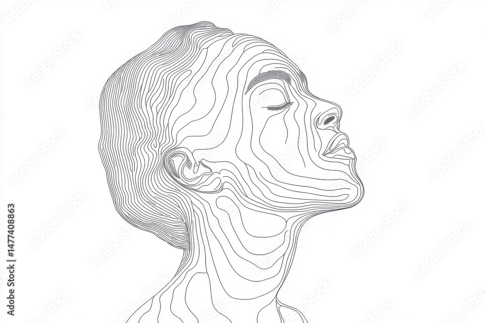 Poster a 3d rendering of a woman depicted with contour lines in black and white. no additional elements in 