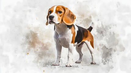 Watercolor Illustration of cute Beagle dog on White Background.