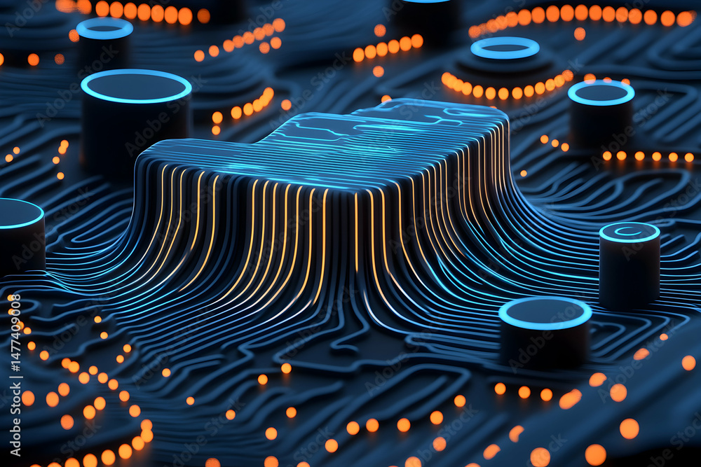 Poster abstract 3d rendering of a futuristic circuit board with glowing lines and cylinders, showcasing tec
