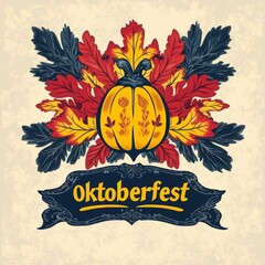A pumpkin with an ornate design sits in the middle of an autumn leaf wreath and a banner that reads 'Oktoberfest'.