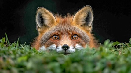Fototapeta premium Close-Up of a Red Fox Peeking Through Green Grass in Nature