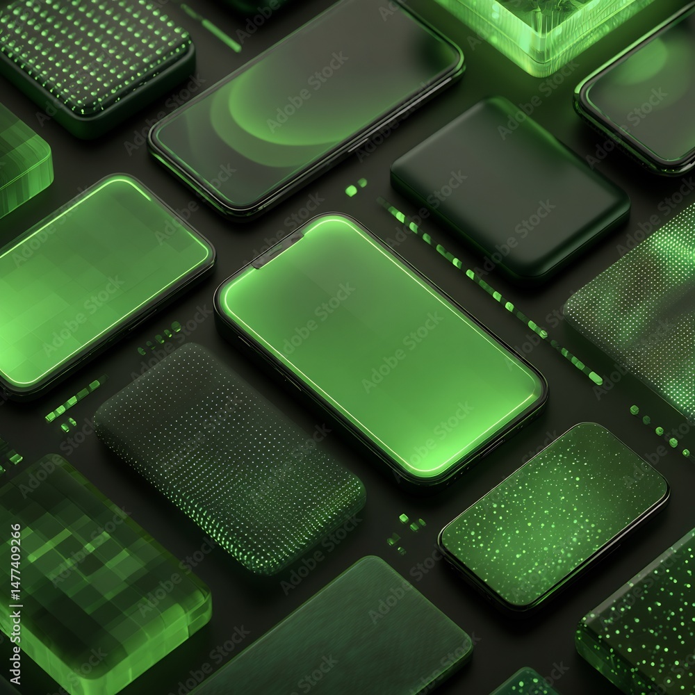 Aufkleber array of modern smartphones displaying green screens in a technological arrangement
