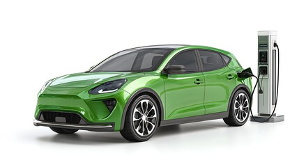 Naklejka premium Modern electric vehicle, ev, plugged into a charging station, depicting advanced green technology, isolated on a white background