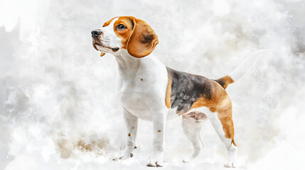 Watercolor Illustration of cute Beagle dog on White Background.