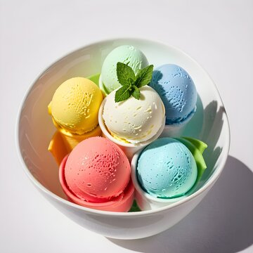 Refreshing Rainbow Sorbet in a Bowl: Vibrant multicolored sorbet scoops served in a white ceramic bowl with fresh mint. Ideal for healthy dessert promotions, summer campaigns, and food blogs.