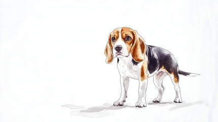 Watercolor Illustration of cute Beagle dog on White Background.