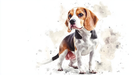 Watercolor Illustration of cute Beagle dog on White Background.
