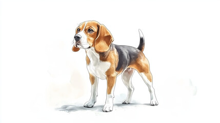 Watercolor Illustration of cute Beagle dog on White Background.