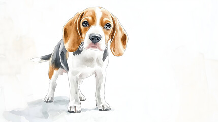 Watercolor Illustration of cute Beagle dog on White Background.