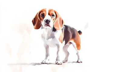 Watercolor Illustration of cute Beagle dog on White Background.