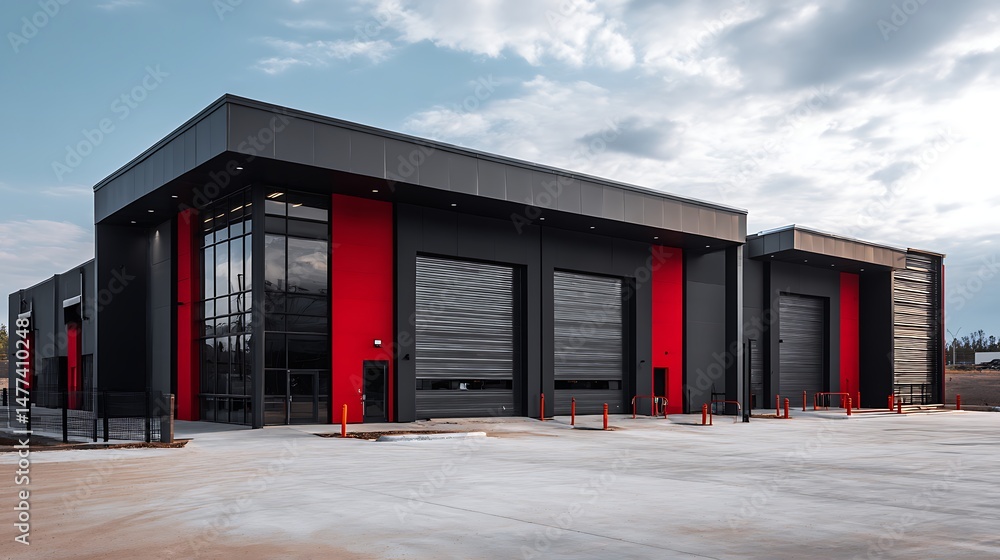 Poster modern black and red warehouse building with loading dock doors