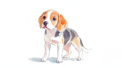 Watercolor Illustration of cute Beagle dog on White Background.