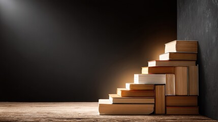 A staircase made from stacked books leads upward against a dark wall, symbolizing growth, knowledge, and progress.