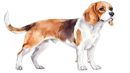Watercolor Illustration of cute Beagle dog on White Background.