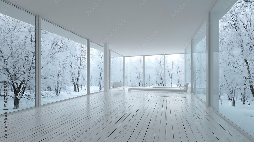 Aufkleber modern architecture concept with white parquet flooring and expansive panoramic windows showcasing a