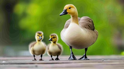 Obraz premium Cute Duck Family with Two Ducklings on a Wooden Surface Outdoors