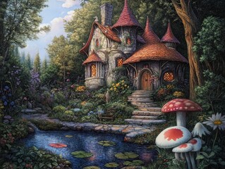 A quaint stone cottage nestled in a lush forest with a stone pathway leading to the front door. A small pond with lily pads sits in front of the cottage.