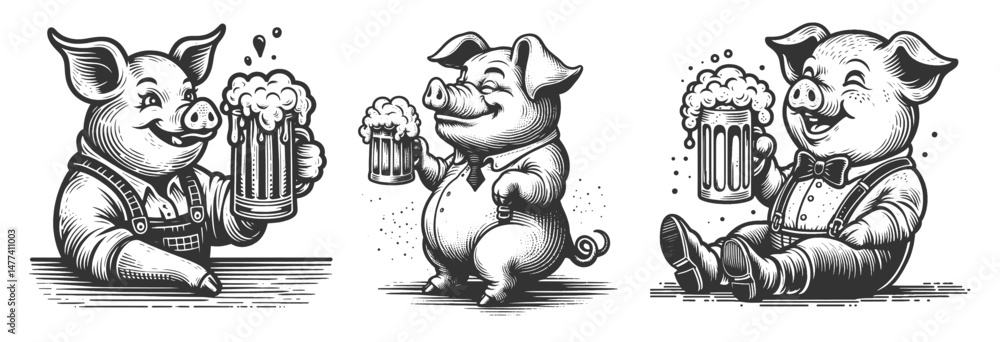 Poster cheerful pigs with beer in celebration set collection bundle sketch engraving generative ai vector i