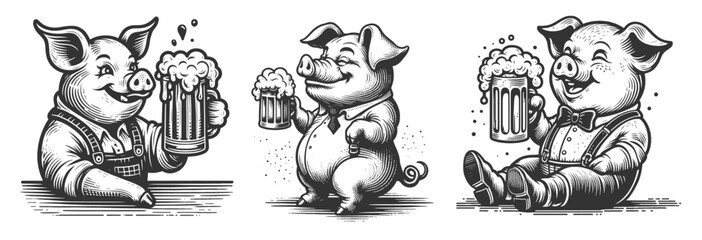 Obraz premium cheerful pigs with beer in celebration Set collection bundle sketch engraving generative ai vector illustration. Scratch board imitation. Black and white image.