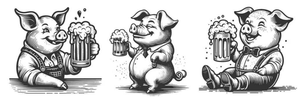 cheerful pigs with beer in celebration Set collection bundle sketch engraving generative ai vector illustration. Scratch board imitation. Black and white image.