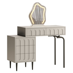 A vanity with a mirror and a lamp