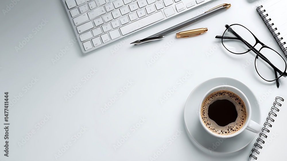Poster mock up of a white office desk with computer, pen, eyeglass, notebook, and cup of coffee, seen from 