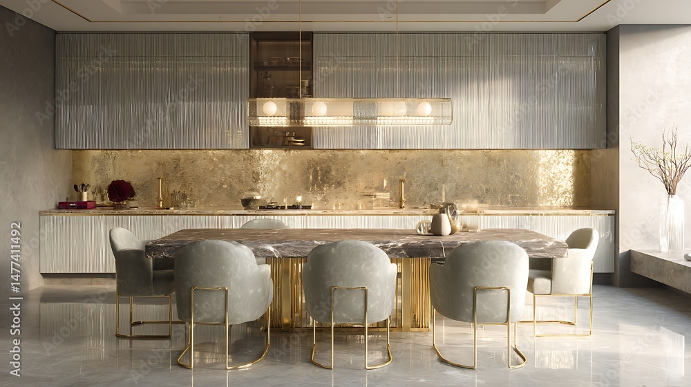 Poster mock up of a dining area with a kitchen cabinet and a luxurious gray dining table set