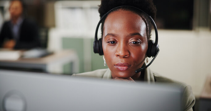 Woman, face and thinking at computer for call center, communication or CRM with help desk for support insight. Information, idea or telecom with online reading, customer service and outbound solution
