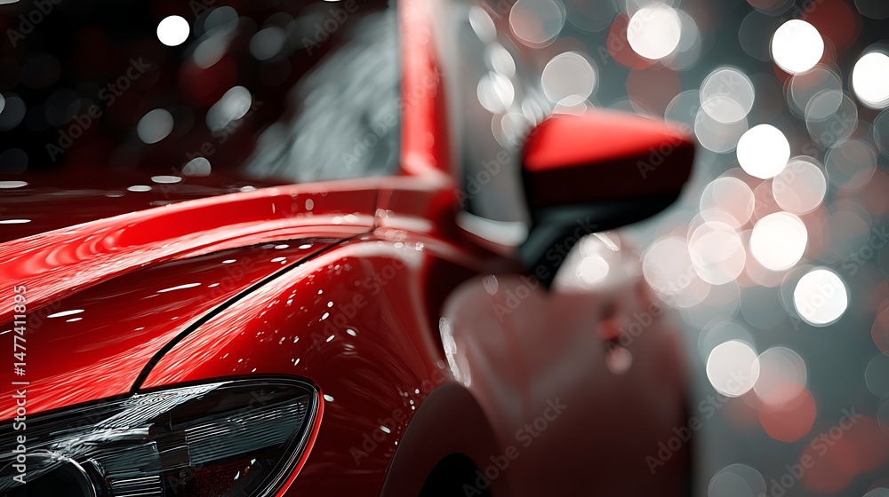 Poster minimal copy space, edge of red car, close up bokeh photoshoot for dark background product advertisi