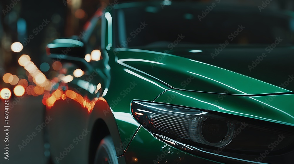 Poster minimal copy space, edge of green car, close up bokeh photoshoot for dark background product adverti