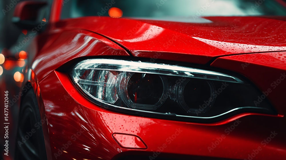 Poster minimal copy space, edge of red car, close up bokeh photoshoot for dark background product advertisi