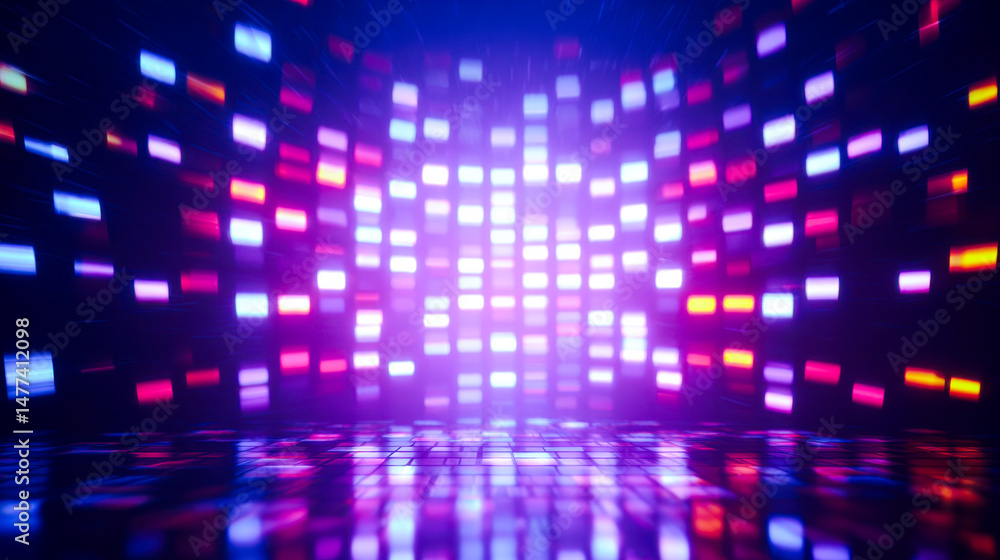 Poster a vibrant scene featuring an array of colorful square lights, creating a dazzling and dynamic effect