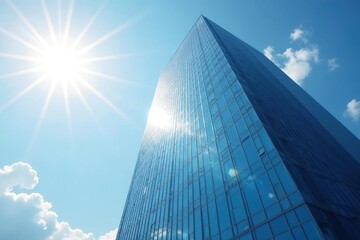 Modern skyscraper bathed in bright sunlight, gleaming glass reflecting the sky , structure, metropolitan area
