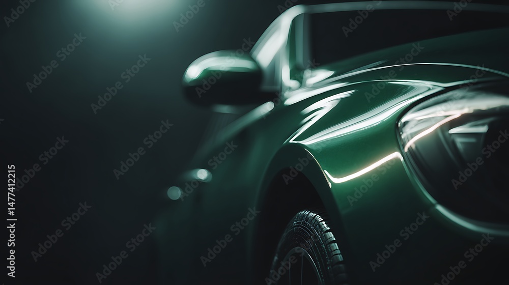 Poster Minimal copy space, edge of green car, close up bokeh photoshoot for dark background product advertising