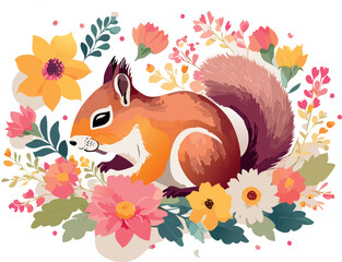 Tiny squirrel peacefully sleeping among delicate pastel flowers, drawn with minimalist elegant lines. Ideal for children’s books, nursery art, and gentle designs.