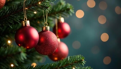 Fototapeta premium Sparkling Christmas tree ornaments hanging on a decorated tree branch , celebration, christmas tree branch, new year