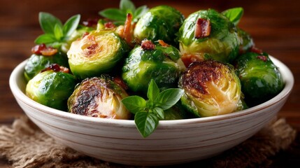 A bowl of green vegetables with bacon on top
