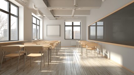 Fototapeta premium Minimalist empty classroom with modern furniture
