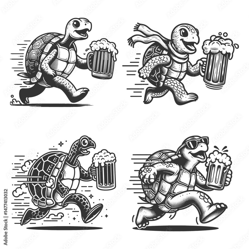 Poster turtles running with large mugs of frothy beer, adding humor and charm to the scene set collection b