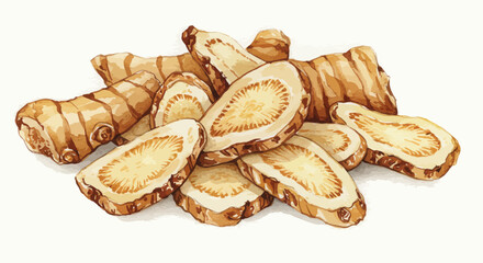 Watercolor Illustration Showcases A Pile Of Dried Galangal Slices Displaying The Spices Subtle Tan And Light Brown Hues Against A Clean White Backdrop Offering A Warm Earthy Visual