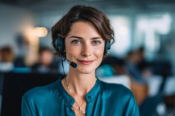 Close-up of woman wearing headset, teal shirt, smiling gently Office background blurred, professional customer service concept
