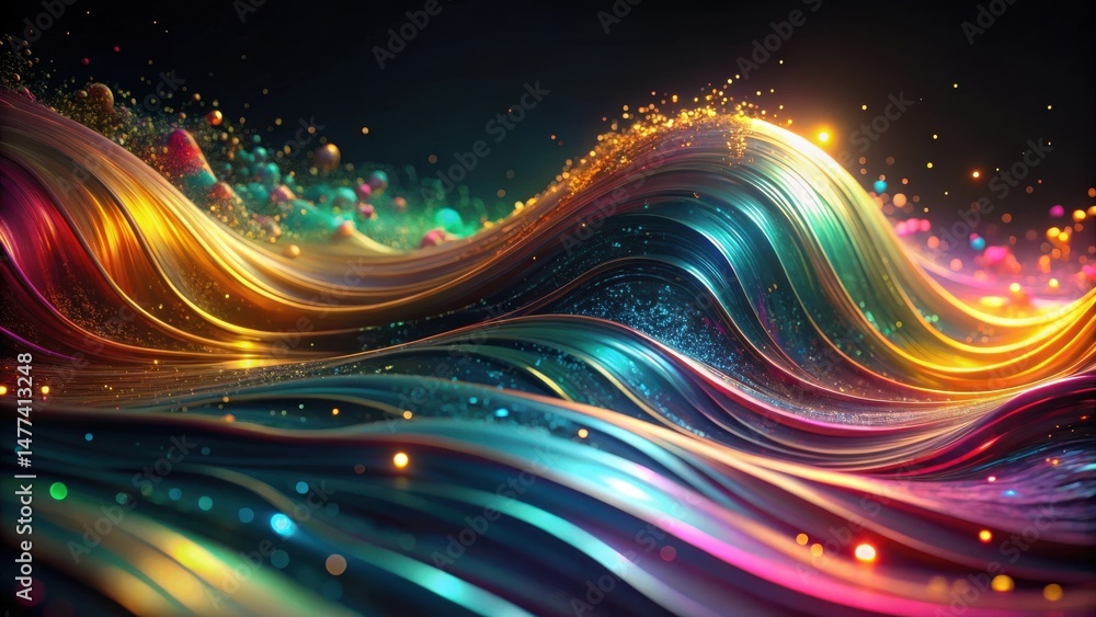 Poster abstract vibrant iridescent waves with glowing particles and shimmering texture